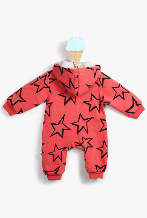 Baby Girl Stars Printed Red Hooded Onesie